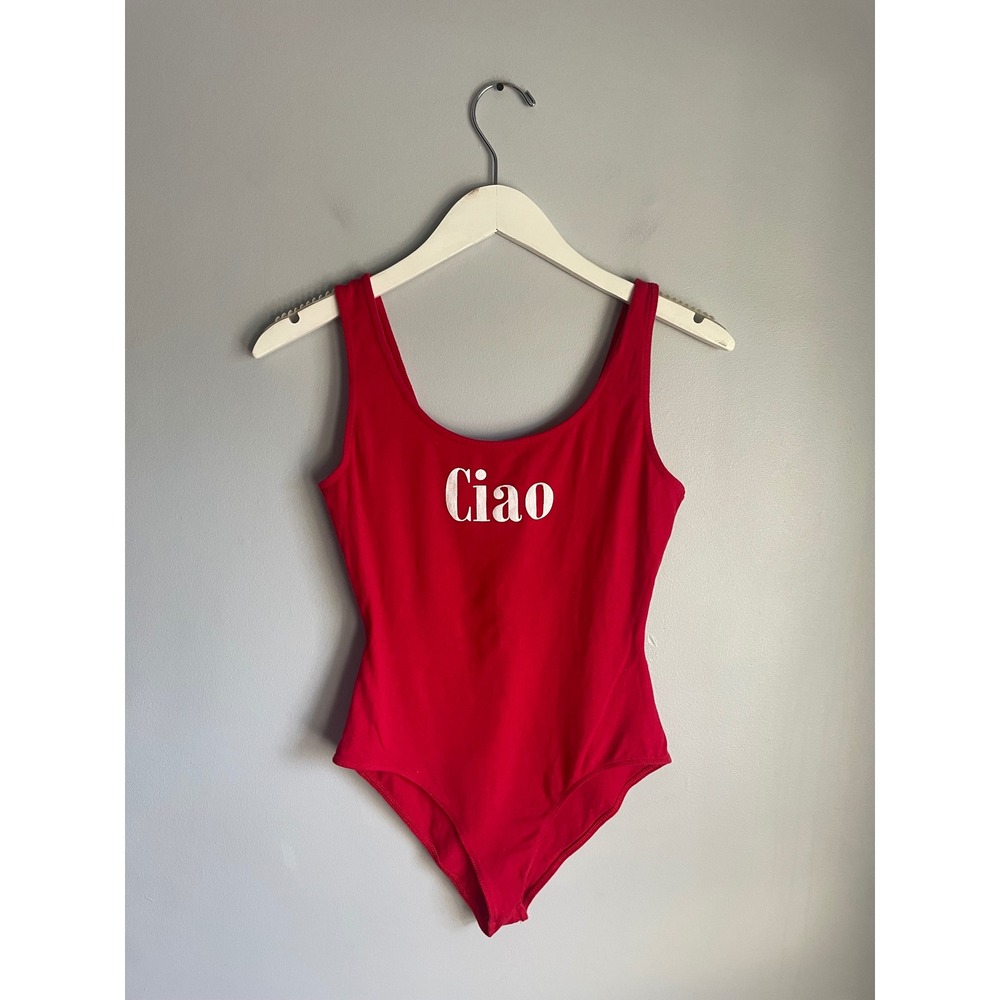Bershka Red Ciao Graphic Bodysuit Sleeveless Scoop Neck Made in Portugal Small